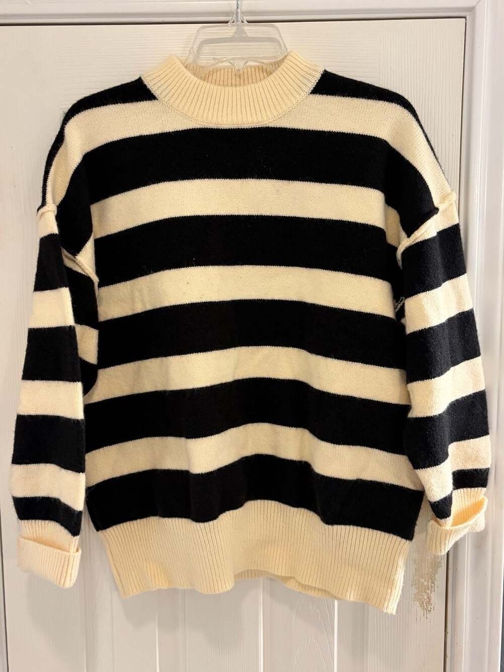 MIOU MUSE Black Cream Striped Oversized Mock Neck Sweater Cozy Slouchy Knit